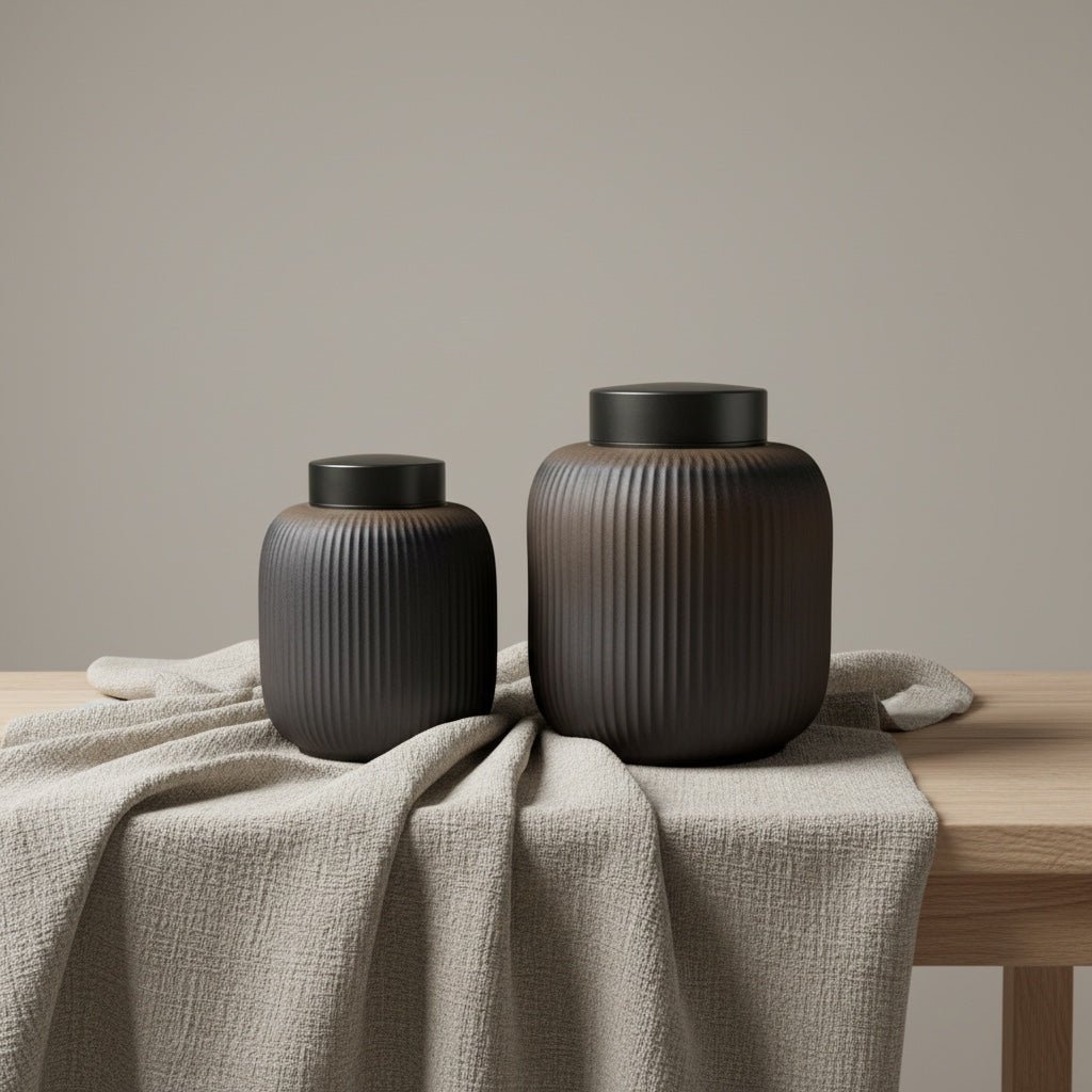 Twee geribbelde bruinzwarte urnen met zwarte deksels op een houten tafel met linnen doek