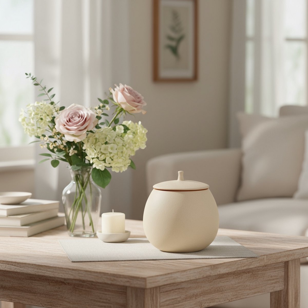 Beige ronde keramische urn met deksel op houten tafel met bloemen en kaars