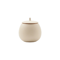 Beige, eivormige keramische urn met een deksel en een kleine knop