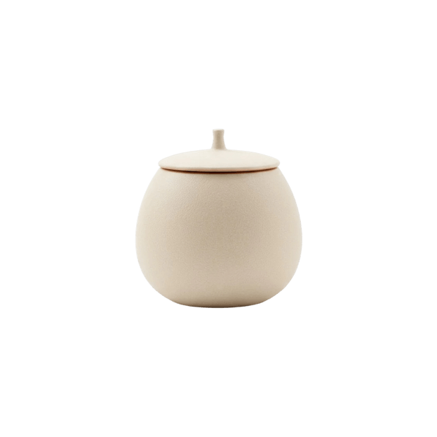 Beige, eivormige keramische urn met een deksel en een kleine knop
