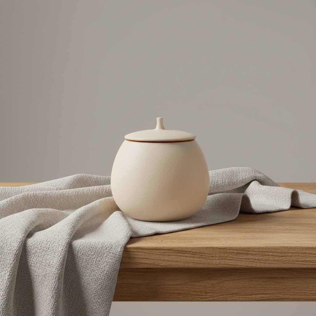 Beige ronde keramische urn met deksel op houten tafel met grijze stof