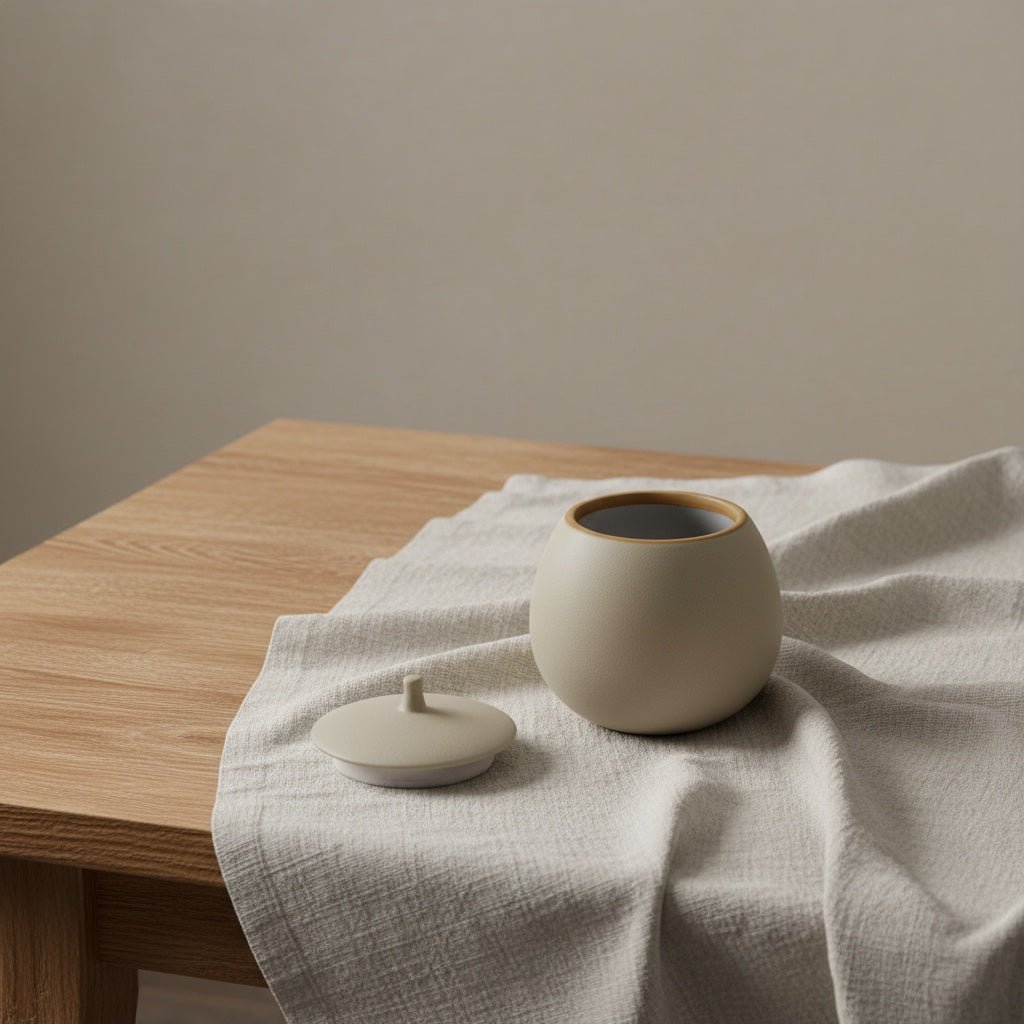 Beige ronde keramische urn met deksel op een lichte linnen doek, houten tafel