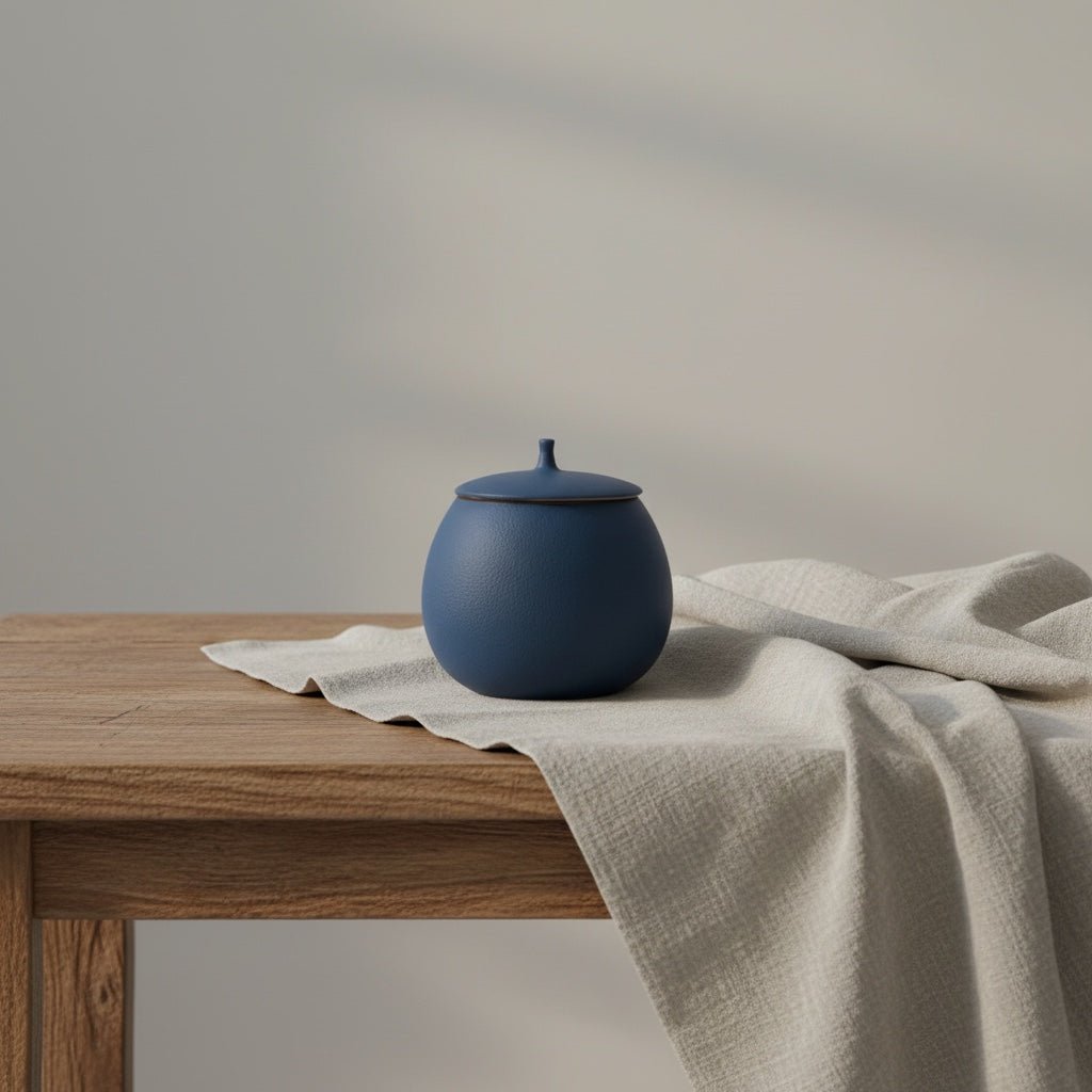 Donkerblauwe, ronde keramische urn met deksel op houten tafel met linnen doek