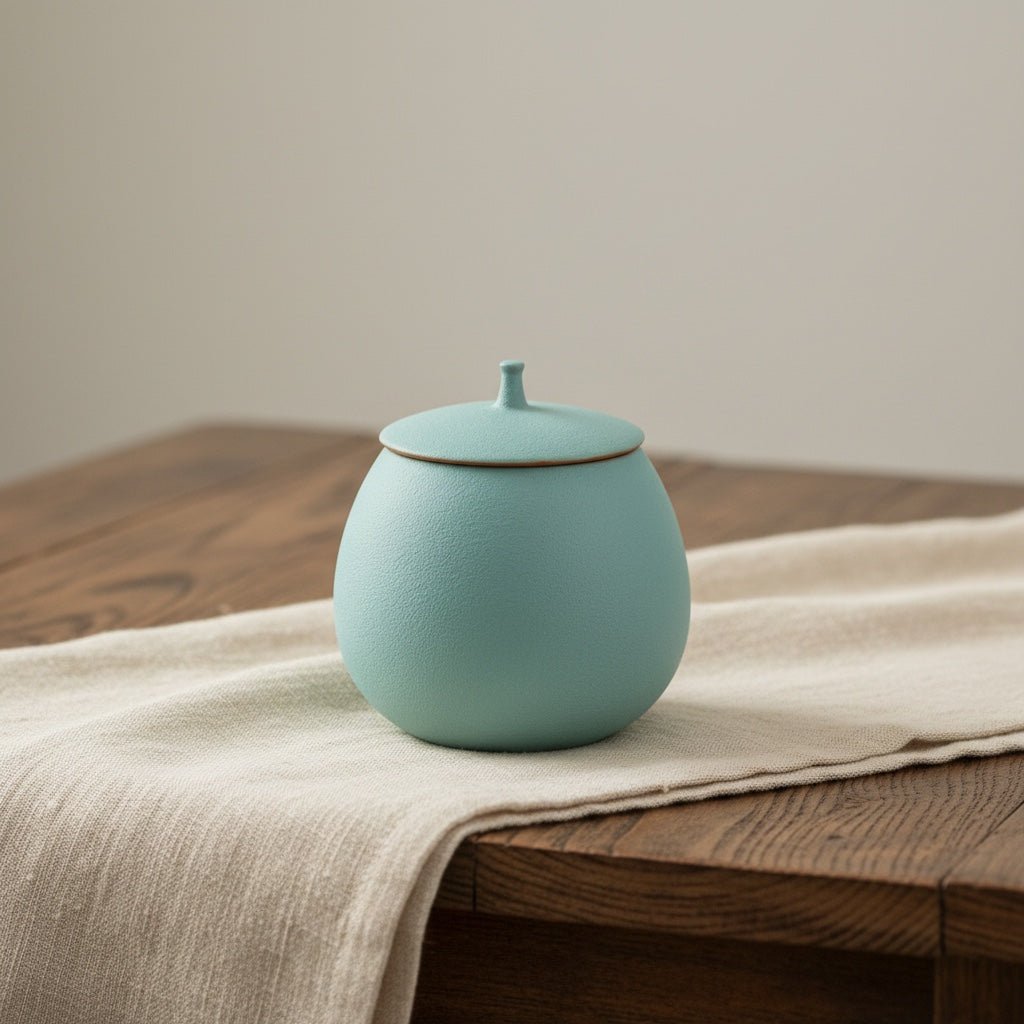 Lichtblauwe, ronde keramische urn met deksel op houten tafel met linnen loper