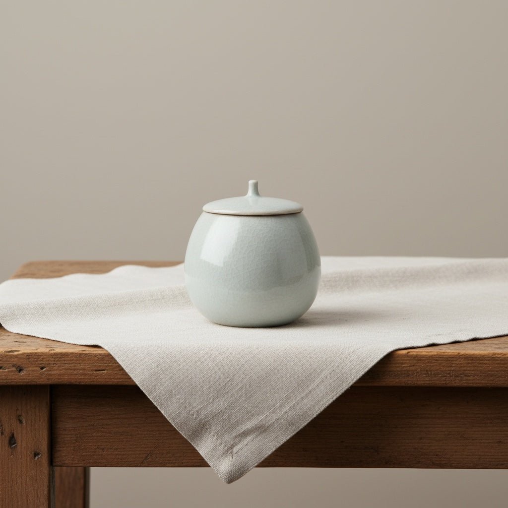 Lichtgrijze, ronde keramische urn met deksel en craquelé-glazuur op houten tafel met linnen doek