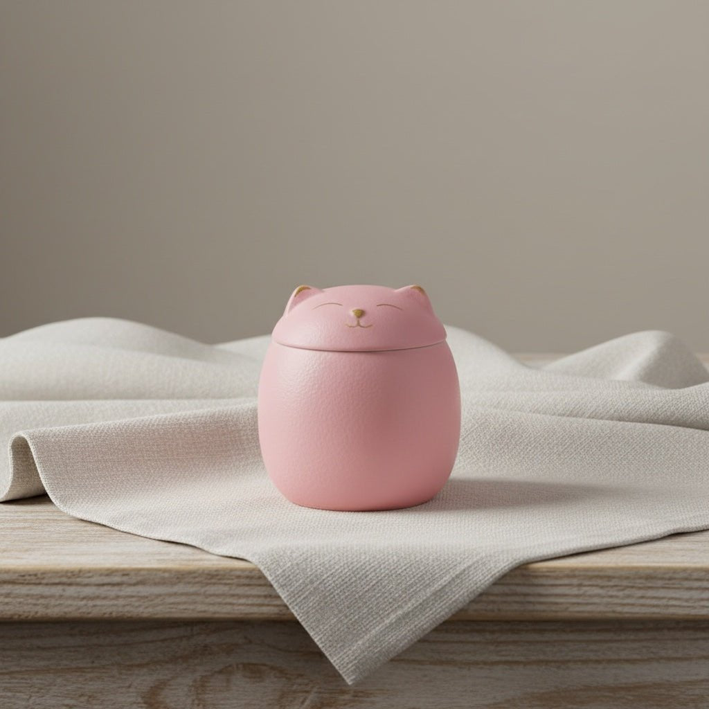 Roze keramische urn in de vorm van een kat met gouden details, 170ML