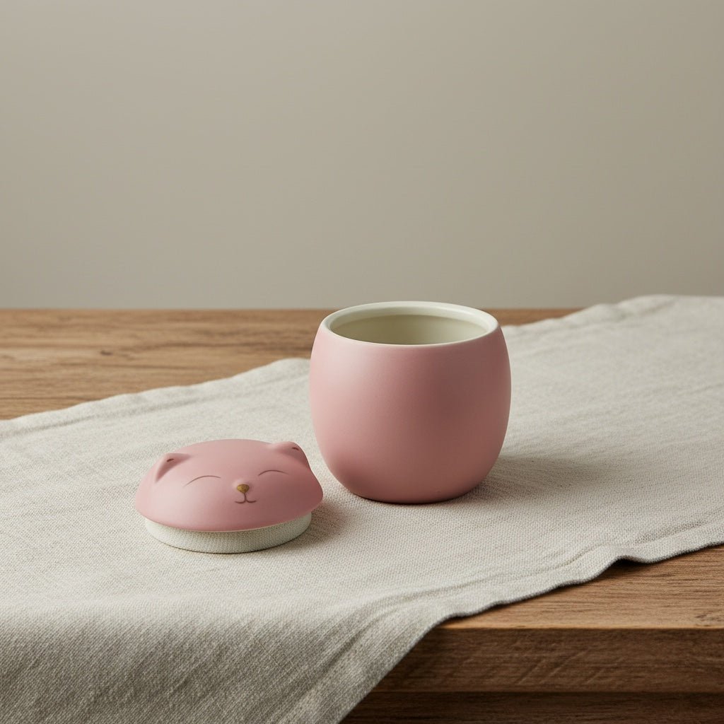 Roze keramische urn met een kattenkop deksel, ronde vorm