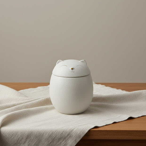 Witte keramische urn in de vorm van een lachende kat, met gouden neus