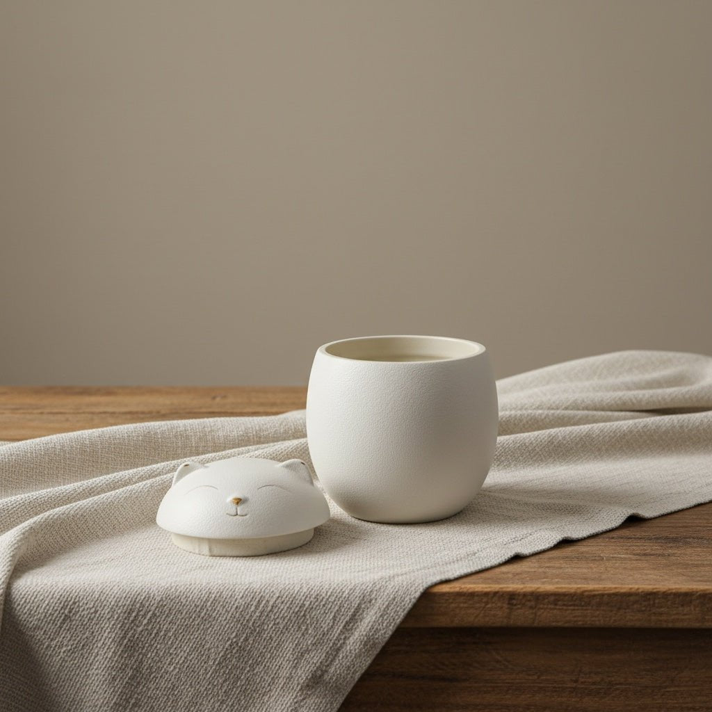 Witte keramische urn met deksel in de vorm van een kattenkop, ronde vorm