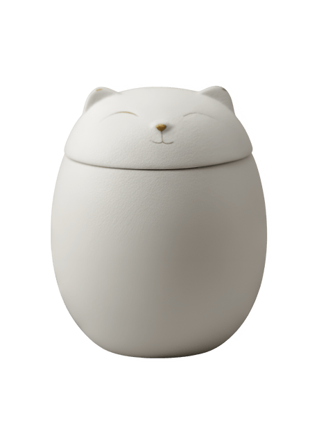 Witte keramische urn, eivormig, deksel met kattengezichtje en gouden details
