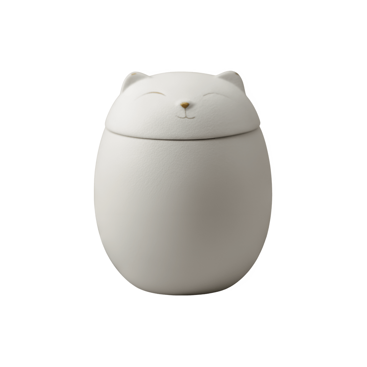 Witte keramische urn, eivormig, deksel met kattengezichtje en gouden details