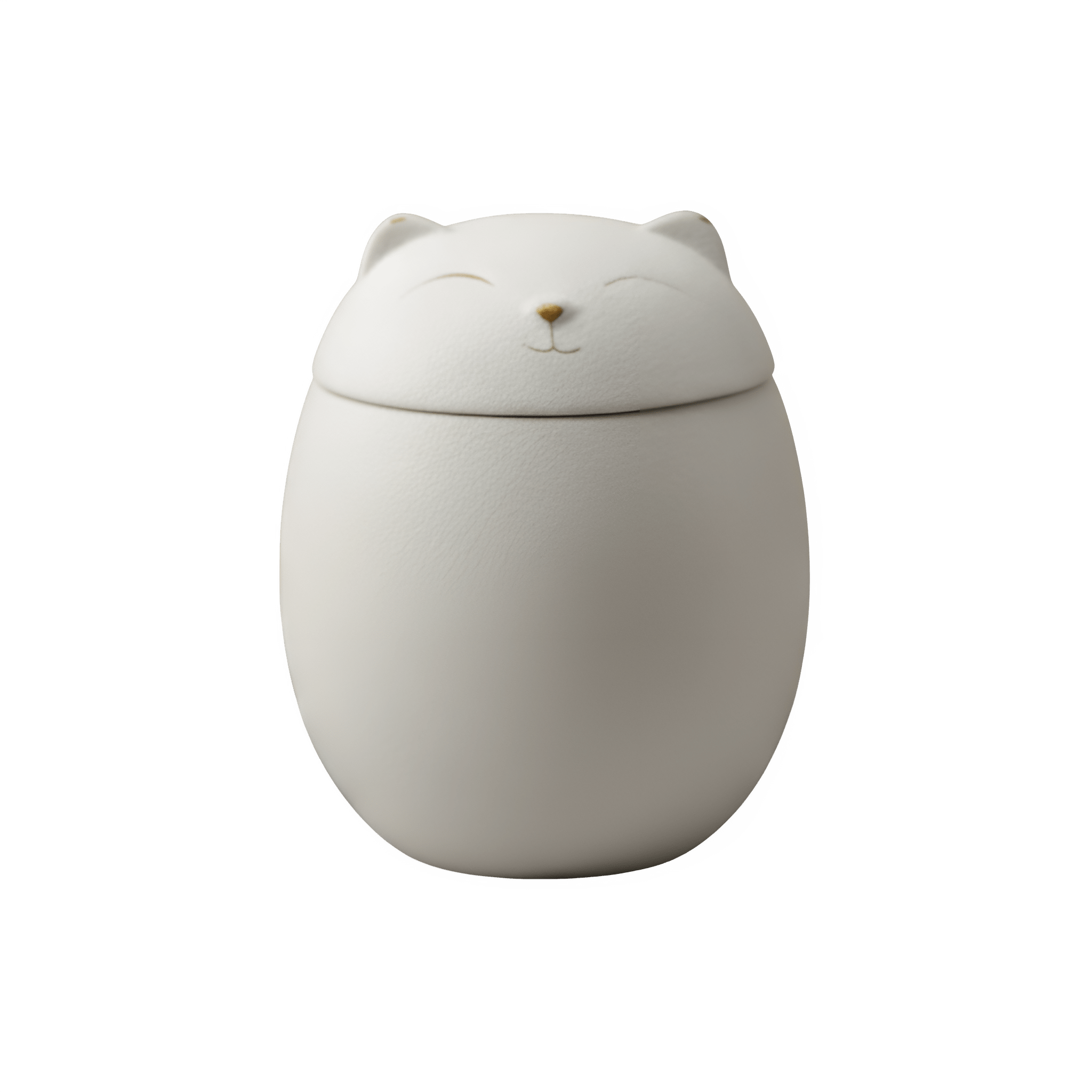 Witte keramische urn, eivormig, deksel met kattengezichtje en gouden details