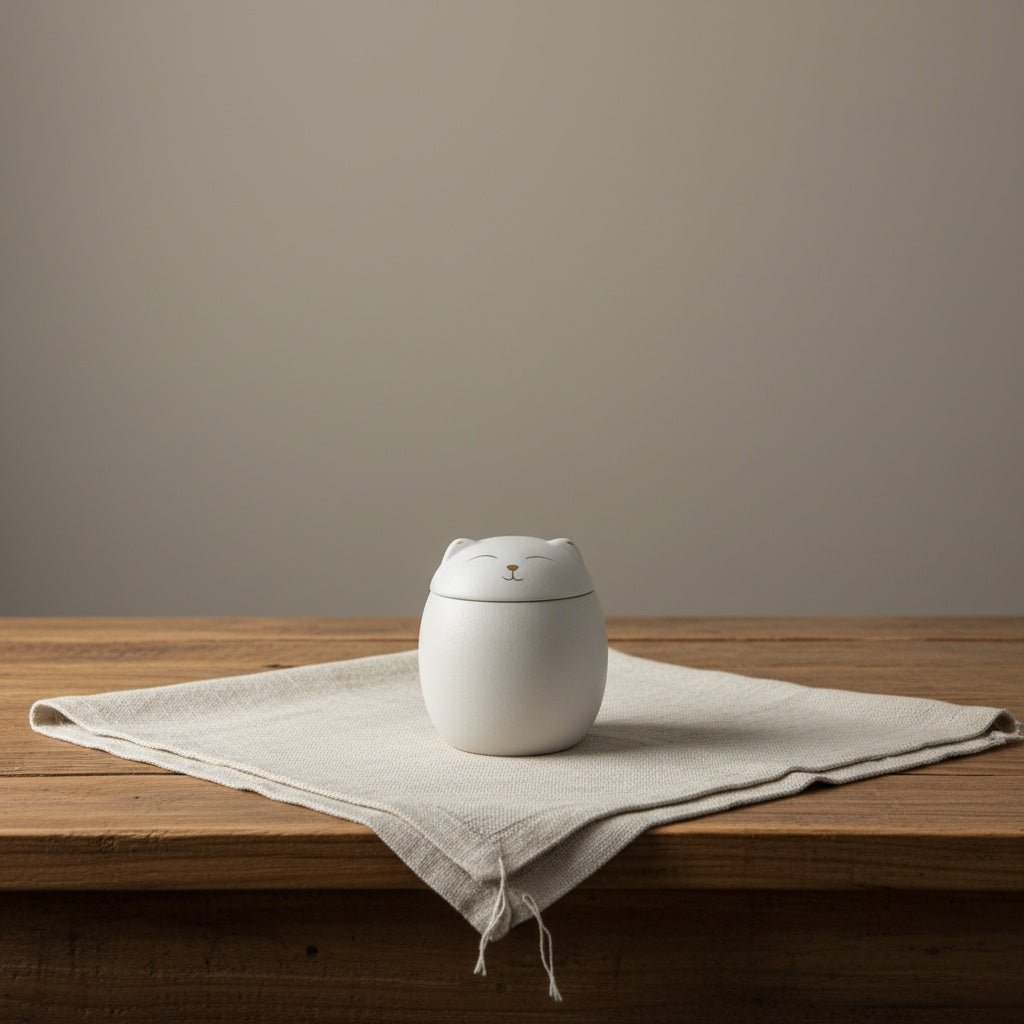 Witte keramische urn in de vorm van een lachende kat, staand op een linnen doek op een houten tafel