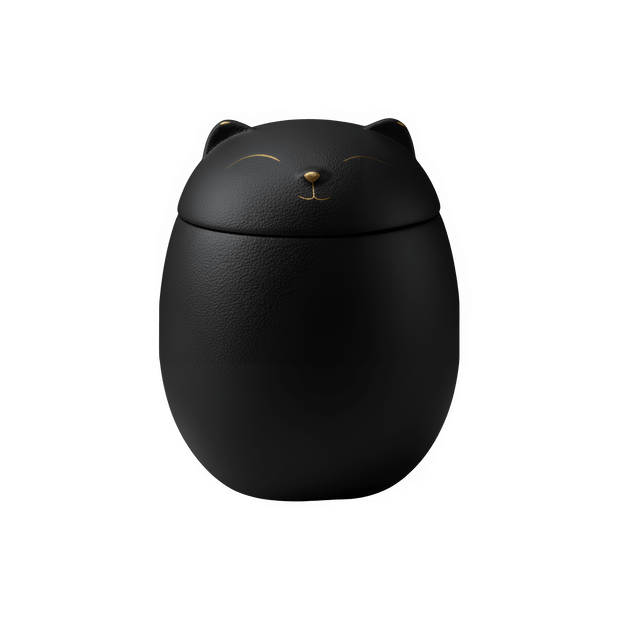 Zwarte kat urn met gouden details, eivormig, leertextuur