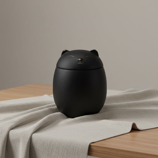 Zwarte kattenurn, ronde vorm, goudkleurige snuit en oren, mat keramiek