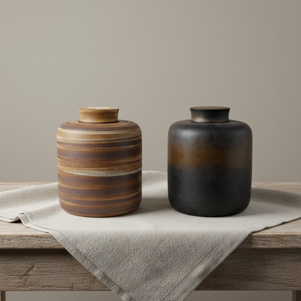 Twee keramische urnen, een bruin gestreepte en een zwart-bruin ombré, op een houten tafel