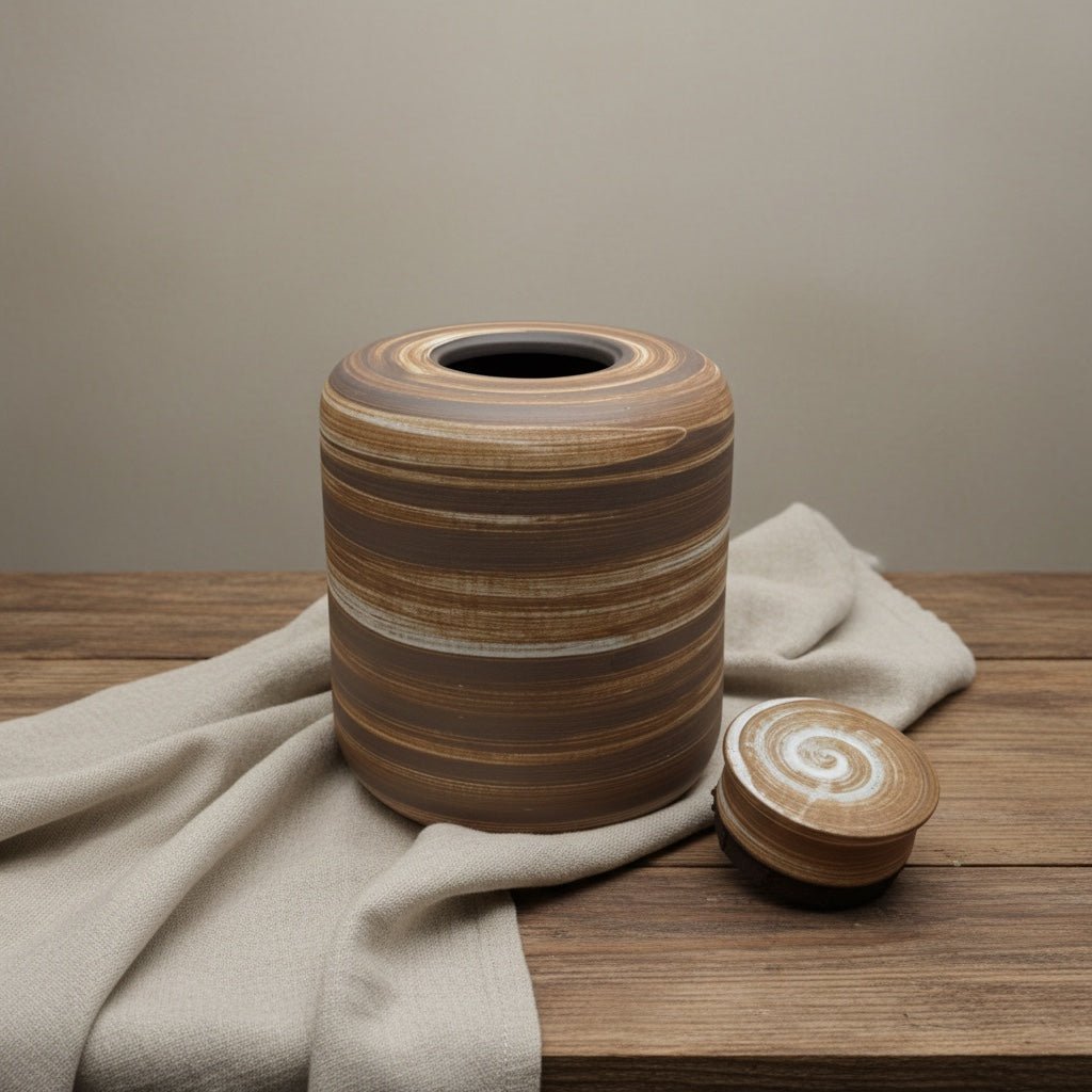 Oasis urn, cilindervormig, bruin keramiek met horizontale strepen, houten tafel, linnen doek