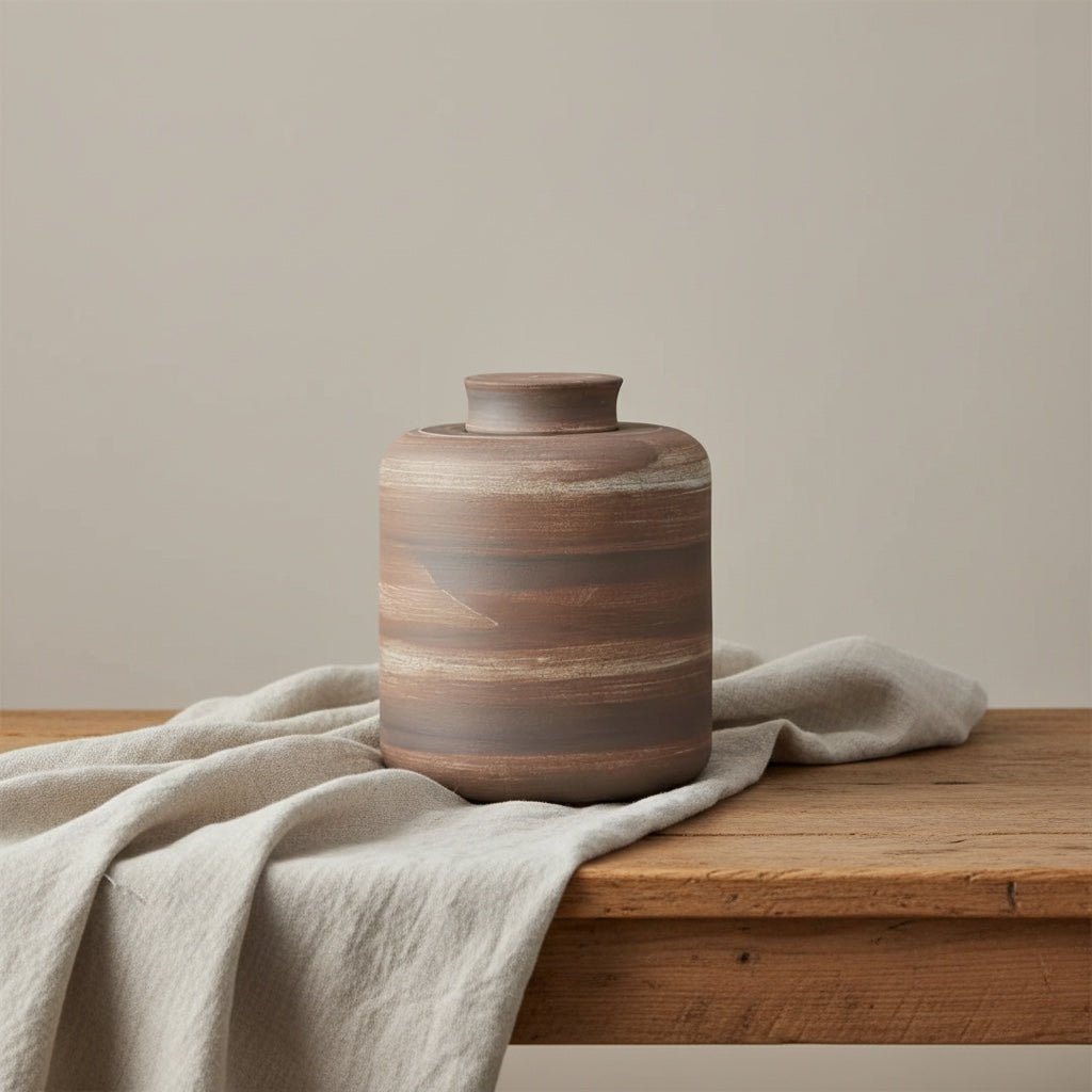 Keramische bruine urn met horizontale strepen, ronde vorm, op houten tafel met linnen doek