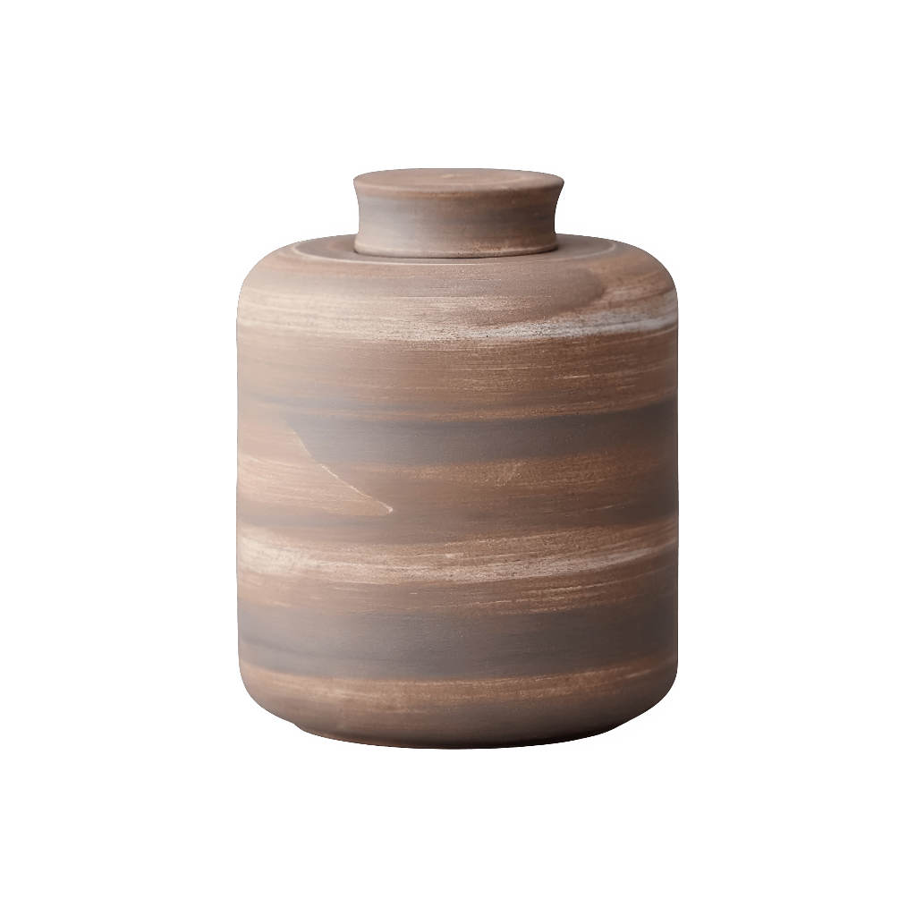 Keramische bruine urn met horizontale strepen, ronde vorm, 2,2L