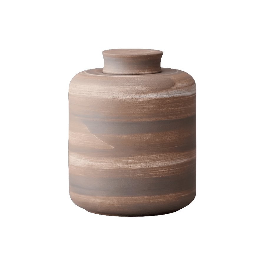Keramische bruine urn met horizontale strepen, ronde vorm, 2,2L