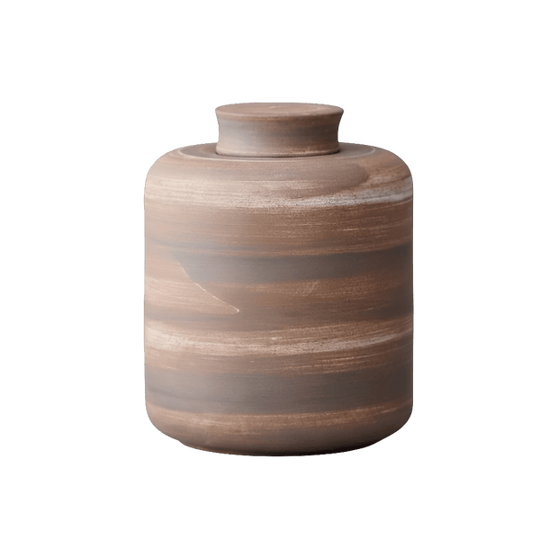 Keramische bruine urn met horizontale strepen, ronde vorm, 2,2L