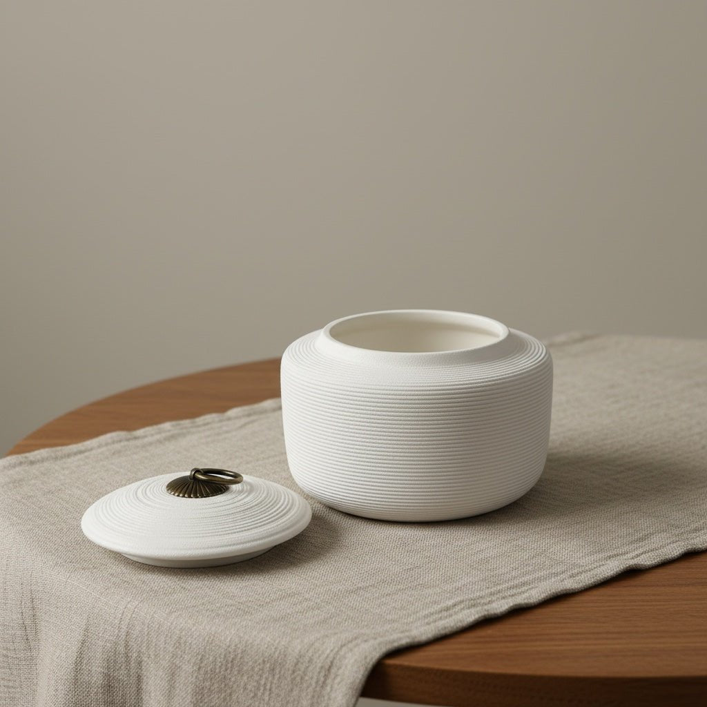 Witte keramische urn met horizontale ribbels, ronde vorm, bronzen handvat op deksel
