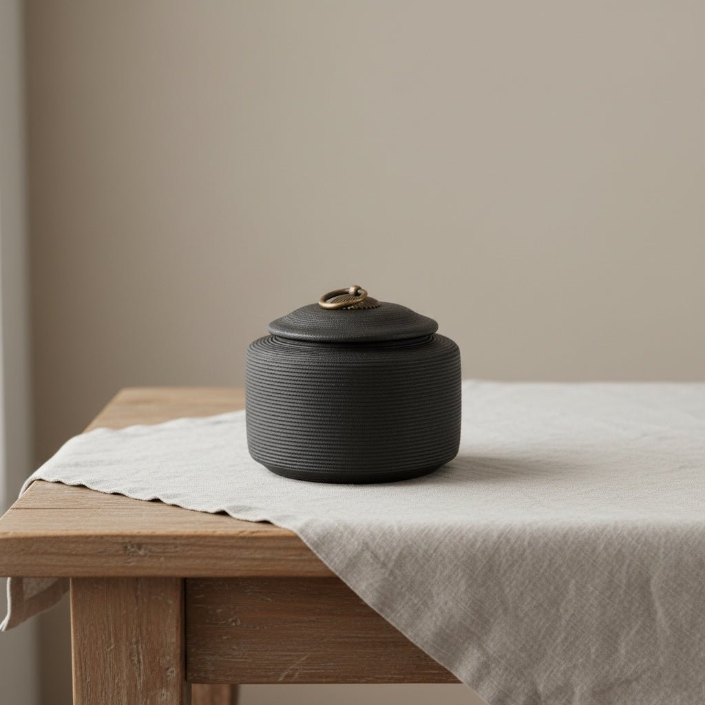 Zwarte keramische urn met horizontale ribbels en een bronzen ring op het deksel