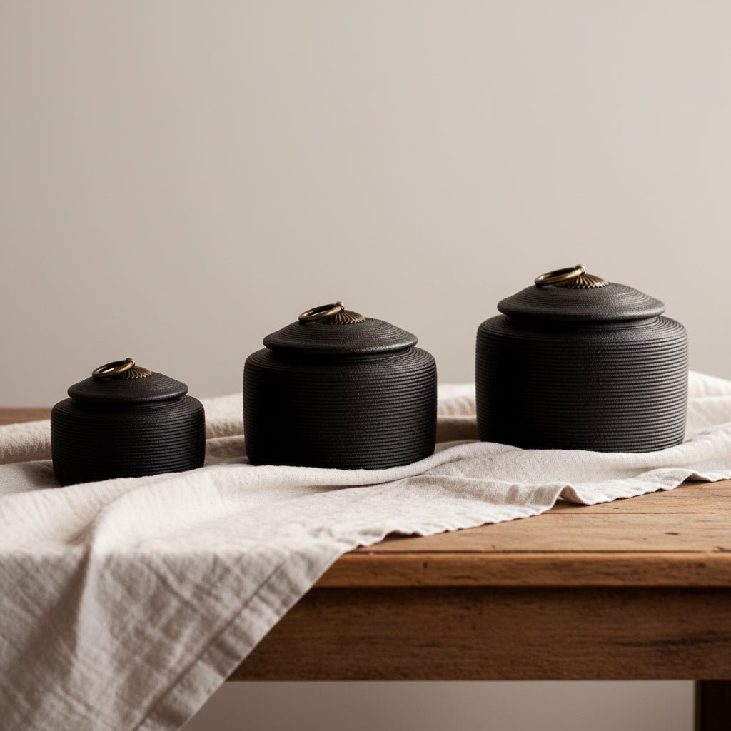 Drie zwarte, geribbelde urnen met bronzen handvatten, staand op een houten tafel met linnen doek
