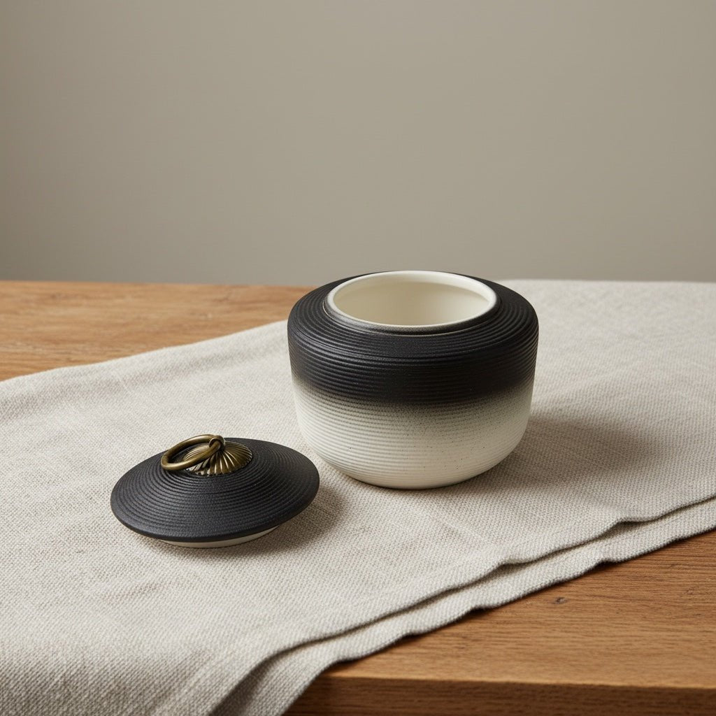 Zwarte en witte keramische urn met horizontale ribbels, ronde vorm, messing ring op de deksel