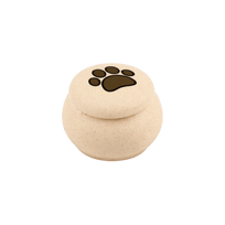 Ronde beige urn met een bruine pootafdruk op de deksel, 120 ML