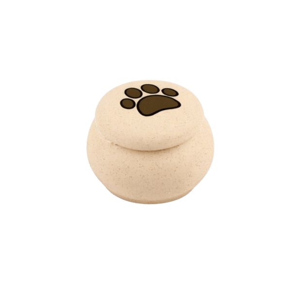 Ronde beige urn met een bruine pootafdruk op de deksel, 120 ML