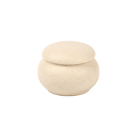 Ronde, crèmekleurige keramische urn met spikkels en een bolle deksel