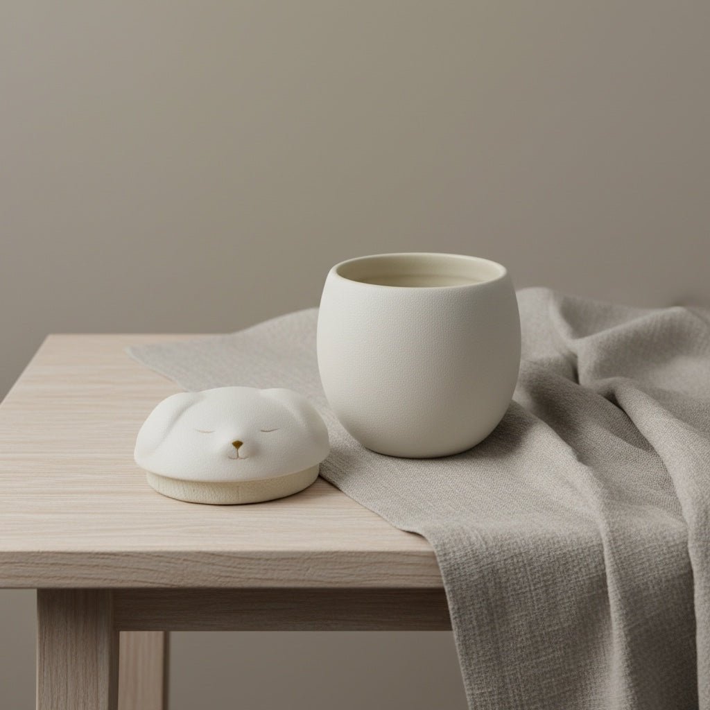 Witte keramische urn met Shiba-deksel, ronde vorm, op houten tafel met linnen doek