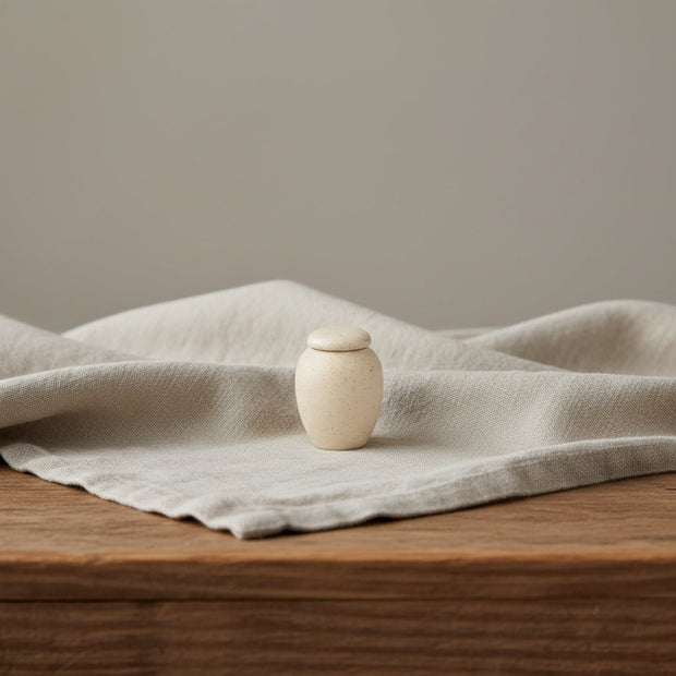 Suna urn, beige keramiek met spikkels, ronde vorm, op lichte stof en houten tafel